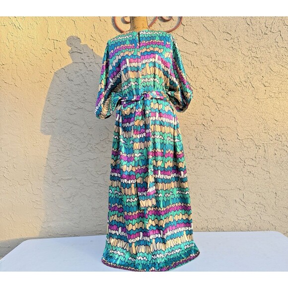 OOAK Vintage Striped Geometric Jewel Tone Handmade Maxi Kaftan W Belt Size M/L - Picture 1 of 10